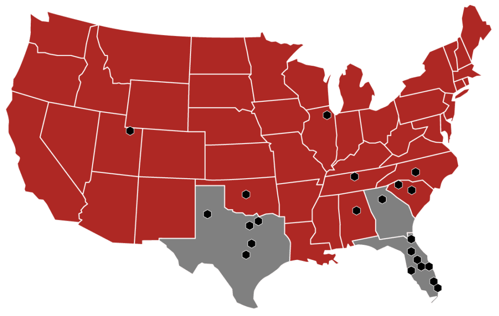 Map of the United States showing Softroc franchise territory availability